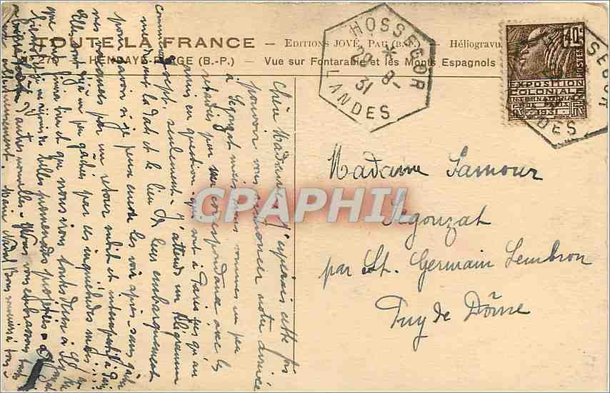Vue sur Fontarable et les Monts Espagnols — Éditions JOVÉ, PARIS — n°2270 — Rückseite