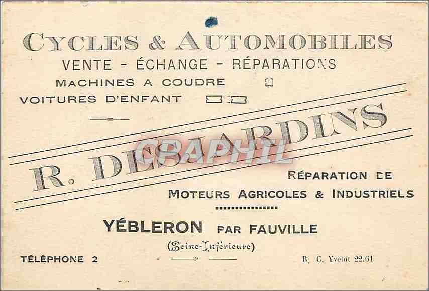 Carte de visite Cycles Automobiles Yebleron par Fauville Seine Inferieure 