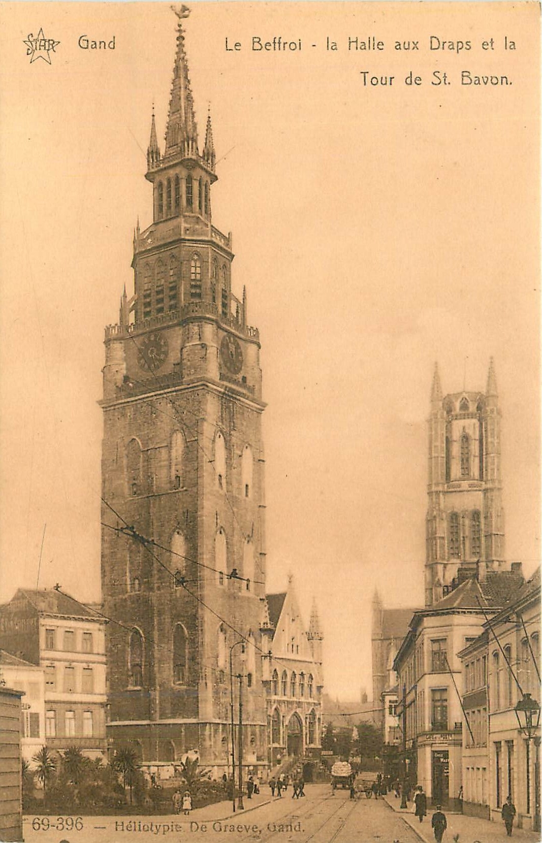 Gand — Le Beffroi, la Halle aux Draps et la Tour de St. Bavon — Héliotypie De Graeve, Gand, n° 69-396