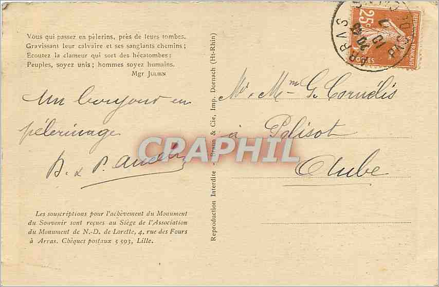 CPA ND de Lorette Les souscriptions pour l'Achevement du Monument du Souvenir sont recues au Siege d — Rückseite
