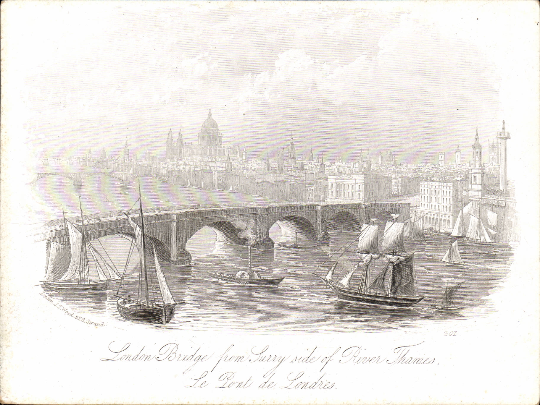 London Bridge von der Surrey-Seite des Flusses Thames — gravurierte Ansicht — J. T. Wood, Strand