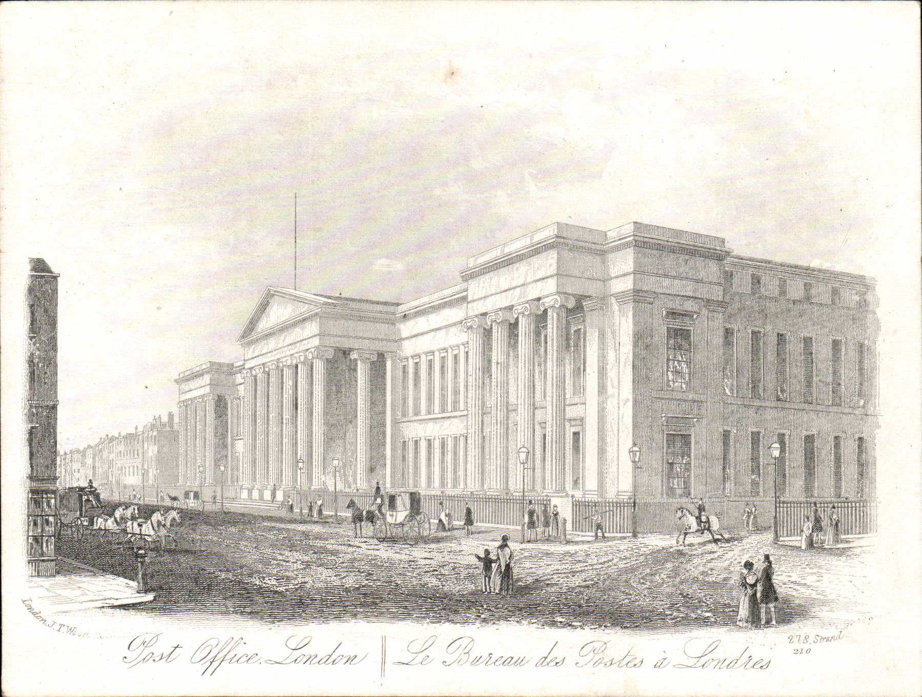 Le Bureau des Postes à Londres — gravure de J.T. Worrall — éditeur E.78. Strand, n°210