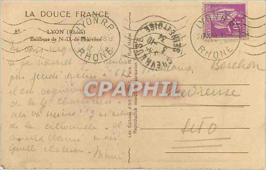 CPA Lyon Basilique de N. D. de Fourviere — Verso