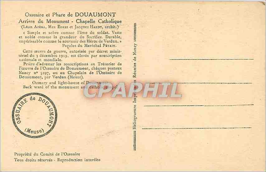 CPA Ossuaire et Place de Douaumont Arriere du monument - Chapelle Catholique — Rückseite