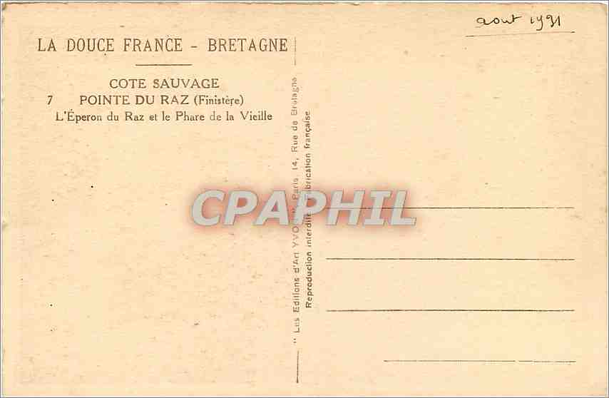 CPA Pointe du Raz Finestere - L'Eperon du Raz et le Phare de la Vieille — Rückseite