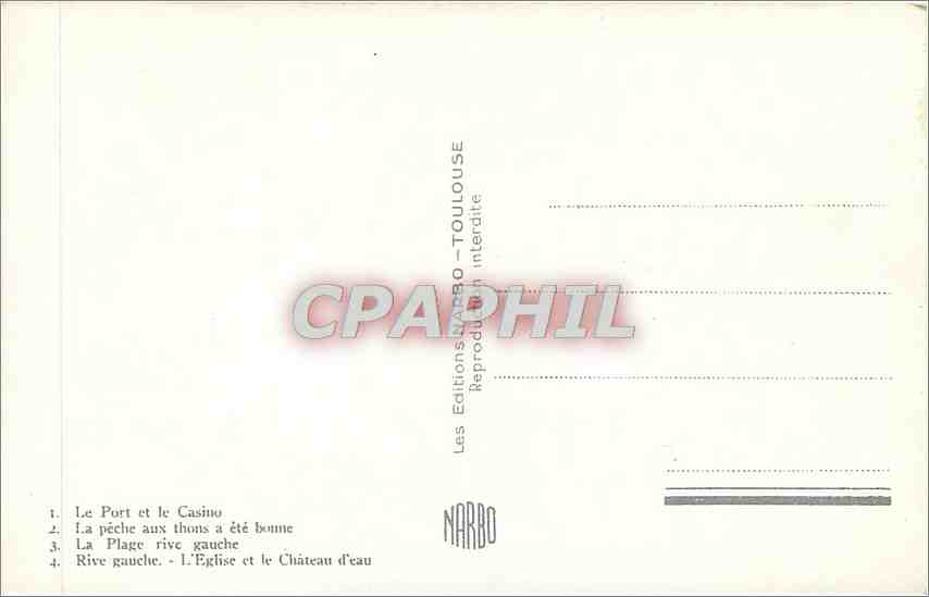 CPA Souvenir de Palavas Le Port et le Casino - La Peche aux Thons a été bonne - La Plage rive gauche — Back