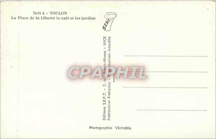 Place de la Liberté — nuit et les jardins — Editions S.E.P.T. - Nice — Verso