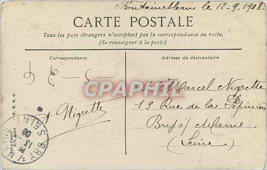 Fontainebleau — Le Palais et l'Étang aux carpes — éditeur L. Y. Z. C. I. — Rückseite