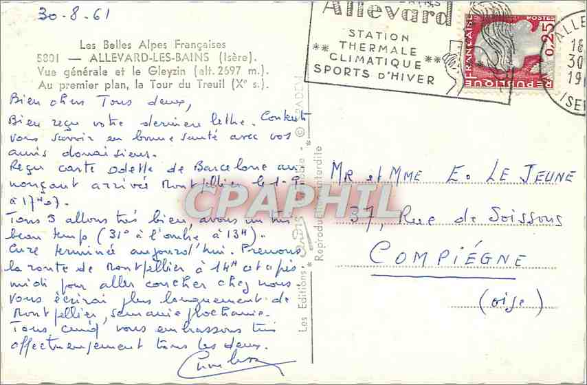 Allevard-les-Bains — Vue générale et le Gleyzin (alt. 2597 m.) — Éditeur Les Éditions de la Poste — Back