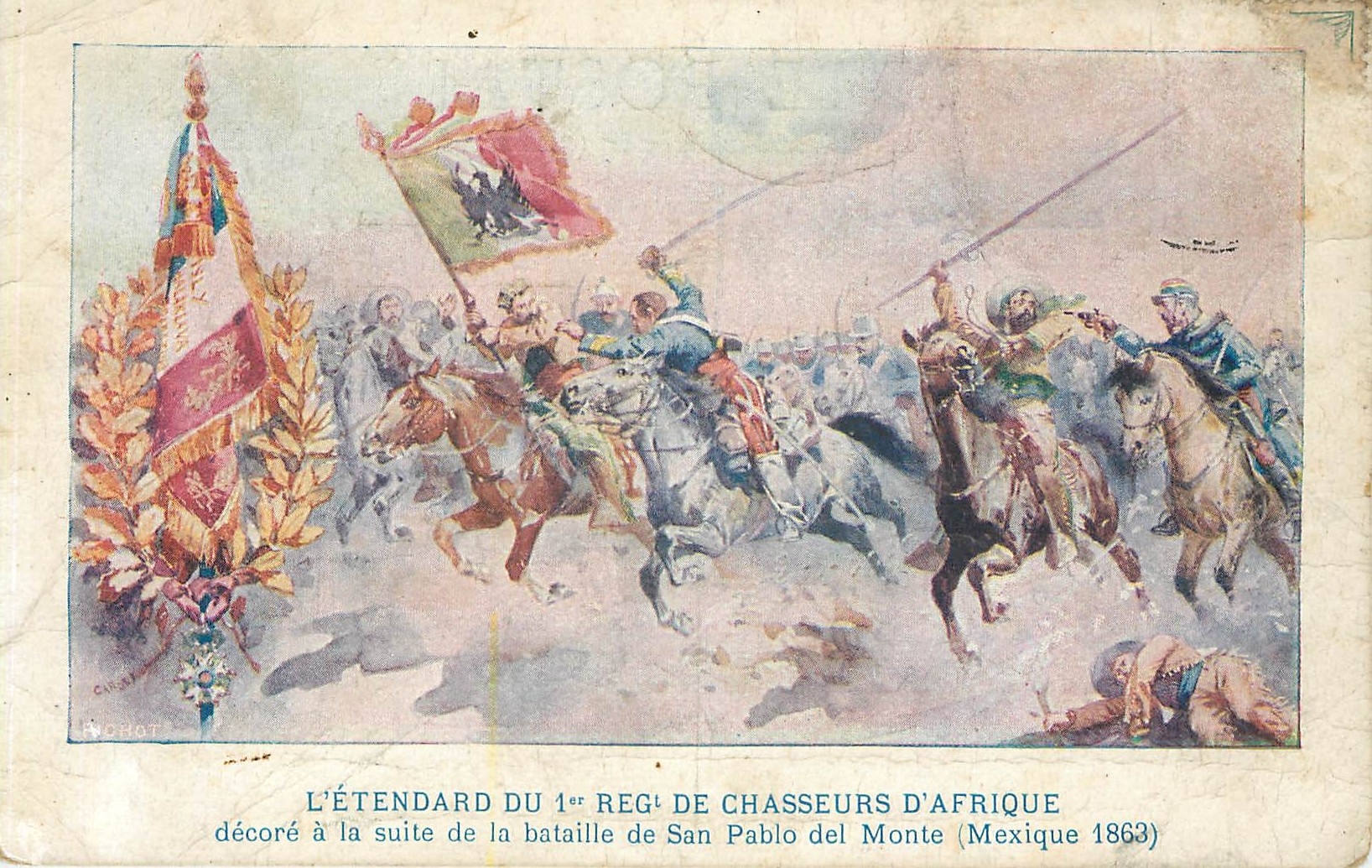 CPA L'Etendard du 1er Regt de Chasseurs d'Afrique decore à la suite de la Bataille de San Pablo del 