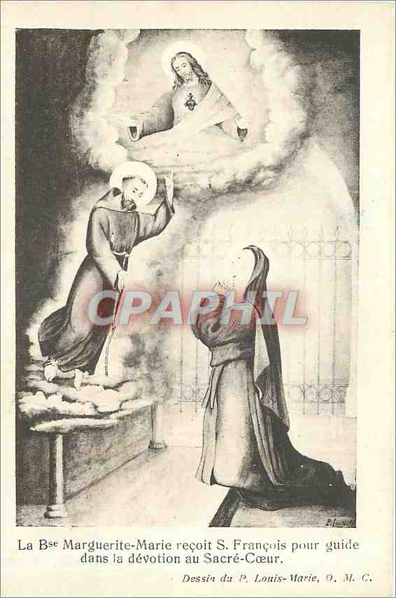 CPA la Bse Marquerite-Marie reçoit S. François pour quide da s la devotion au Sacre-Cœur