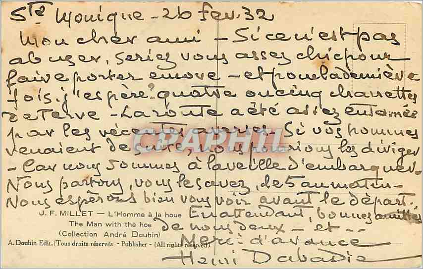 CPA  J F Millet l'homme a la houe — Verso