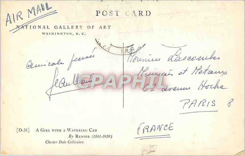 CPA a girl with a Wateribg Can by Renoir — Verso