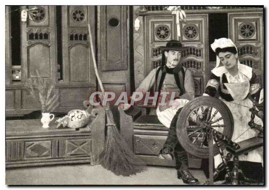 CPSM Autour des lits bretons Pres du rouet ( folklore coiffe costume ) 