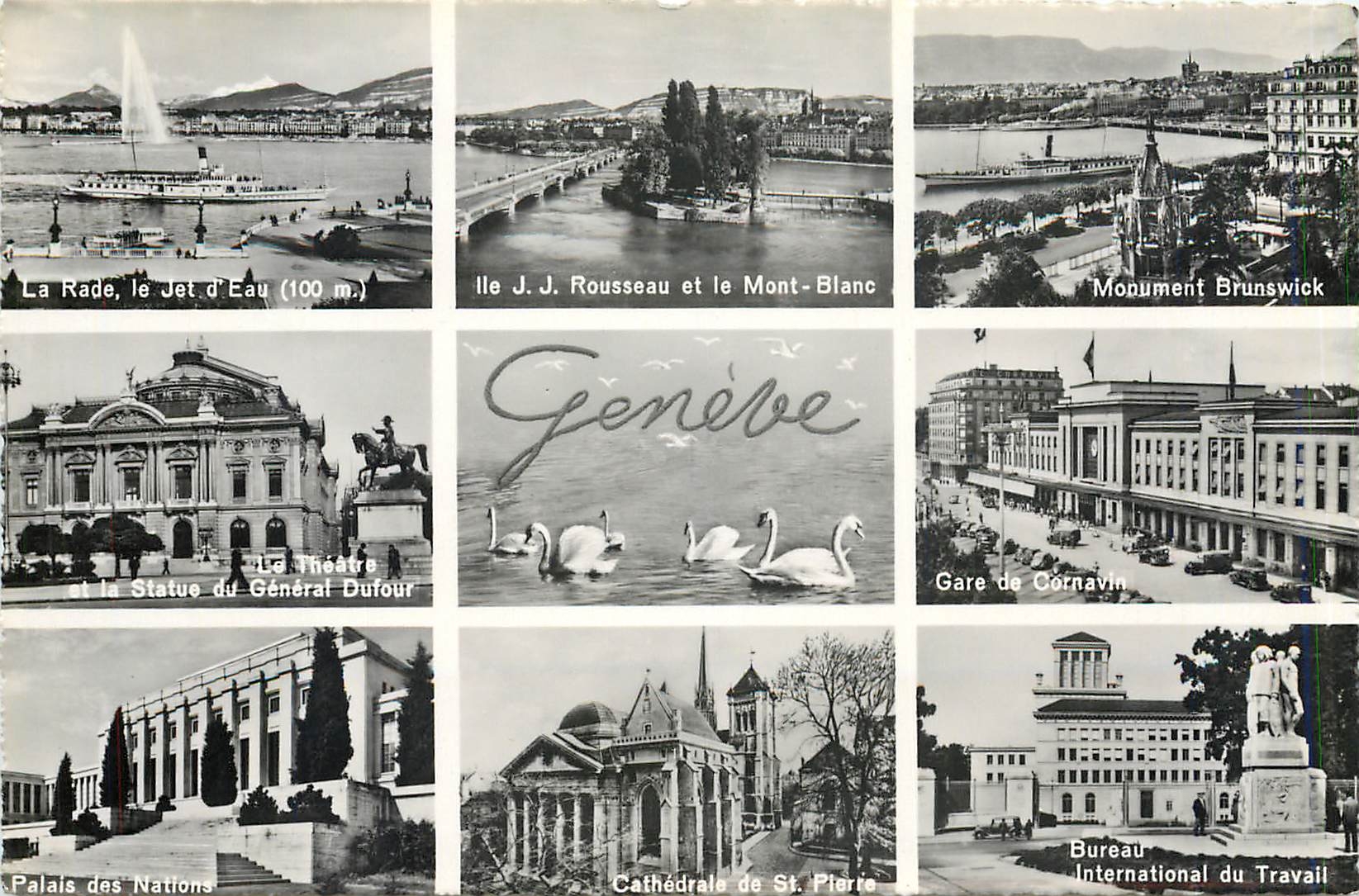 CPM Geneve la rade le jet d'Eau ile J J Rousseau et le Mont Blanc monument Brunswick le theatre et l