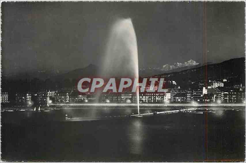 CPM Geneve le jet d'eau illumine et le Mont Blanc 