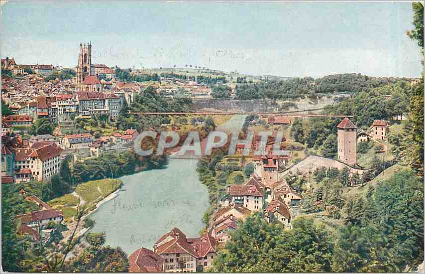 CPA Fribourg la Sarine et le pont suspendu 