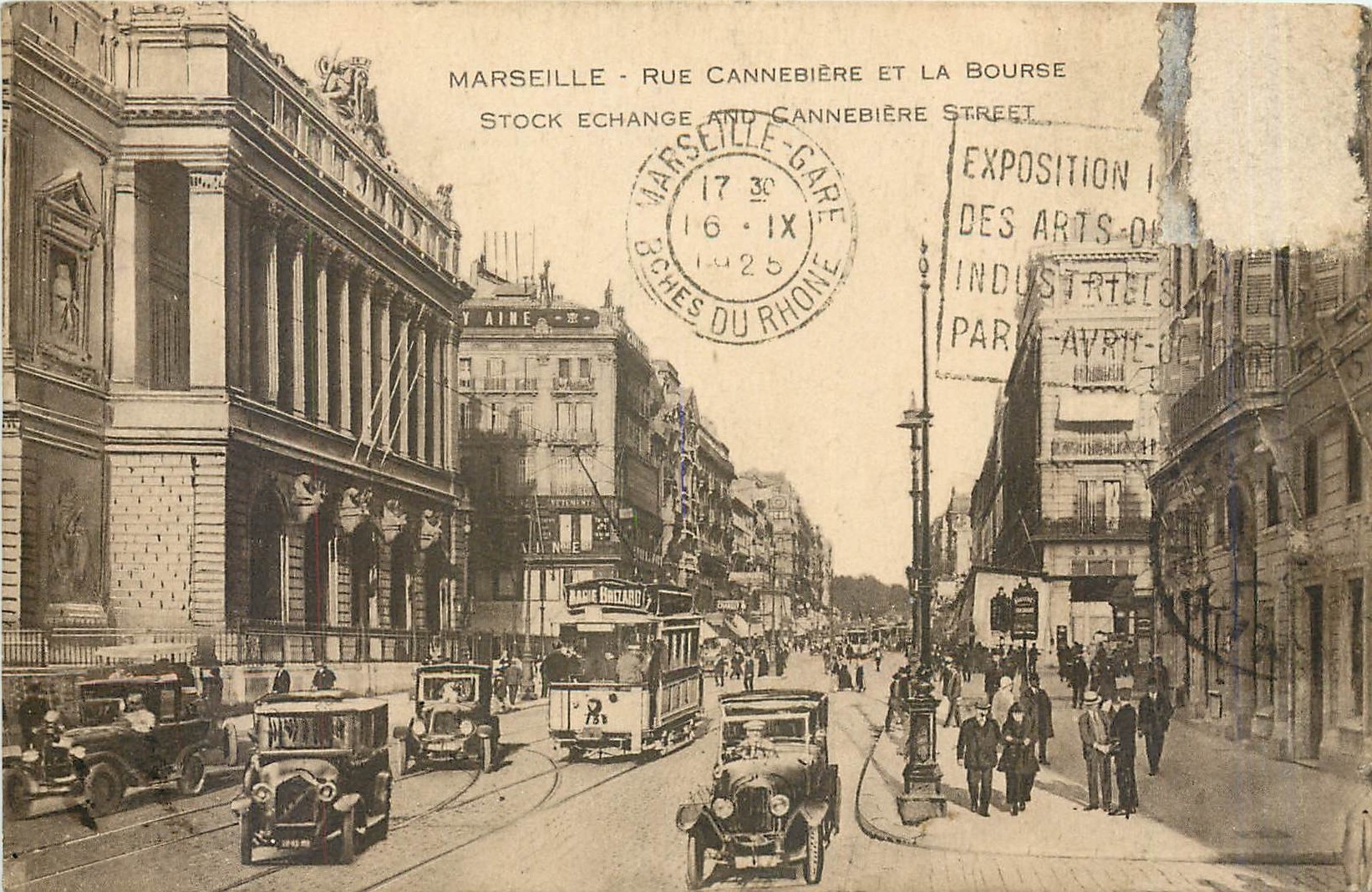 CPA Marseille rue Cannebiere et la Bourse Tramway