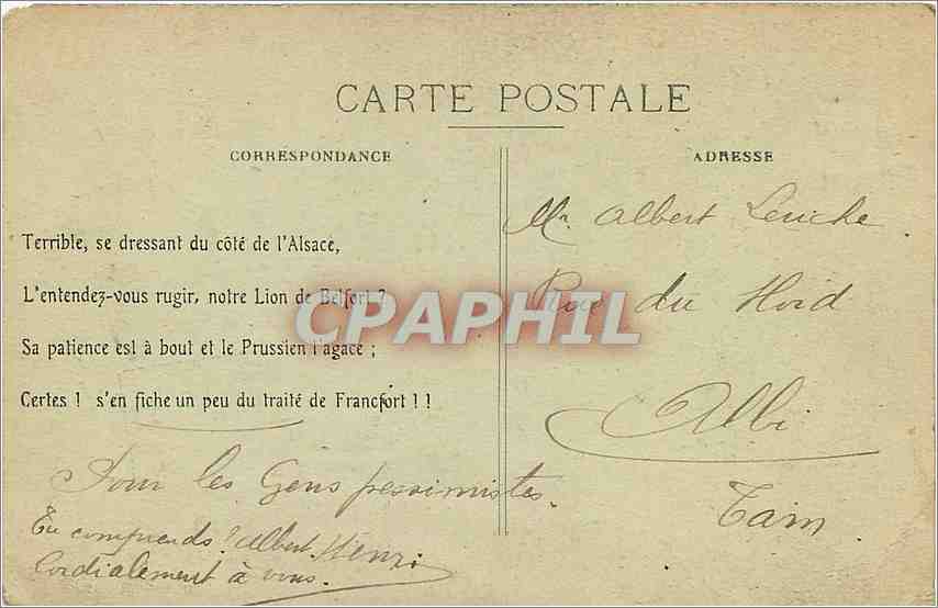 CPA Belfort Le lion s'impatiente Agadir Maroc — Verso