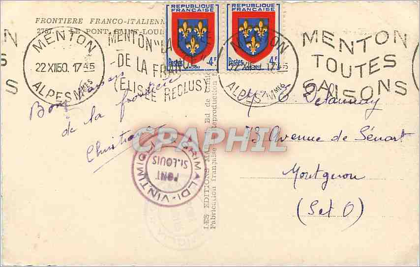 CPA Frontiere Franco Italienne le pont Saint Louis  — Rückseite