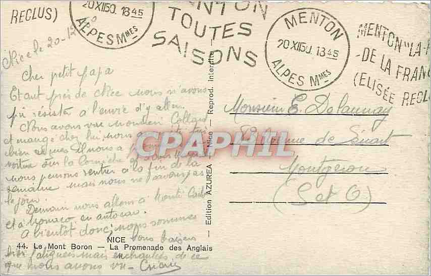 CPA Nice le mont Boron la promenade des Anglais  — Rückseite
