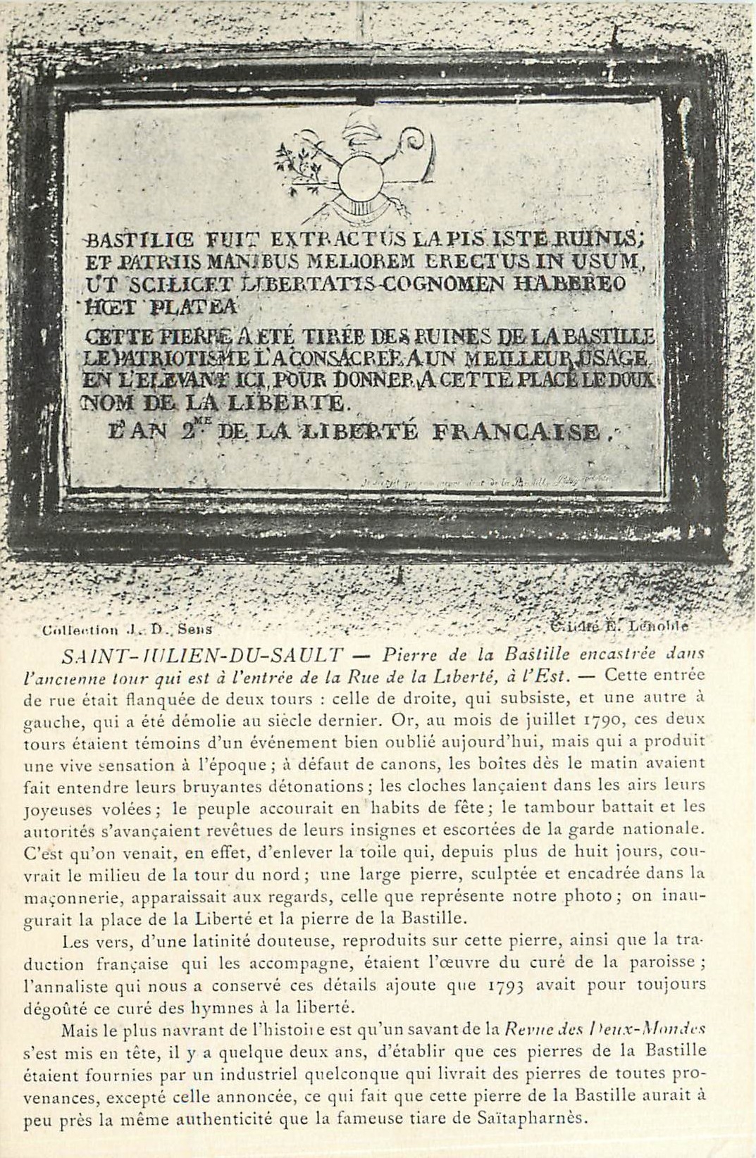 CPA Saint Julien du Sault Pierre de la Bastille encastree dans l'ancienne tour qui est a l'entree de