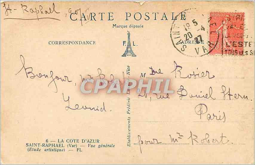 CPA La Cote d'Azur Saint Raphael Var vue generale Etude artistique  — Rückseite