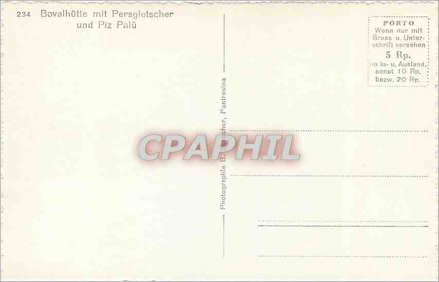CPA Bovalhutte mit Persgletscher und Piz Palu  — Rückseite