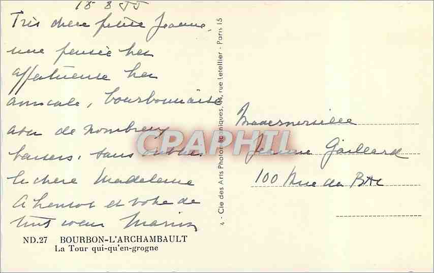 CPA Bourbon l'Archambault la Tour qui qu'en Grogne  — Rückseite