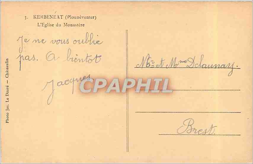 CPA Kerbeneat Plouneventer l'eglise du Monastere  — Rückseite