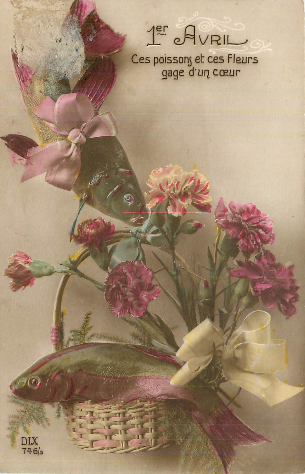 CPA 1er Avril ces poissons et ces fleurs gage d'un coeur 