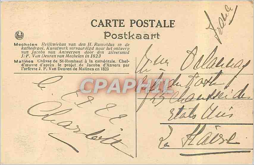 CPA Malines Chasse de St Rombaut a la Cathedrale chef d'oeuvre d'apres le projet de jacobs d'anvers  — Back