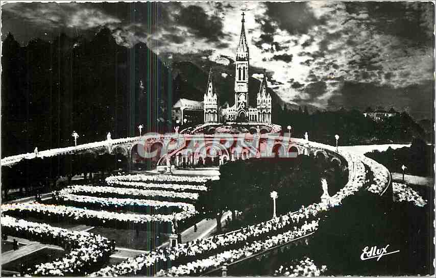 CPM Lourdes la BAsilique illuminee et la procession aux flambeaux 