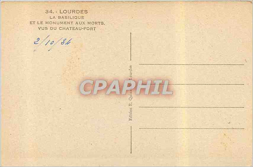 CPA Lourdes la Basilique et le monument aux morts vus du Chateau Fort  — Verso