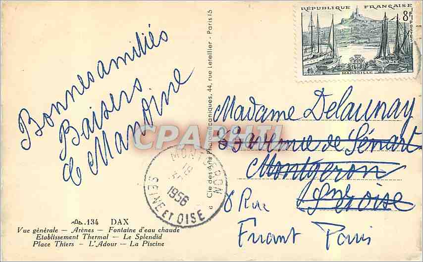 CPM Dax vue generale Arenes Fontaine d'eau chaude Etablissement Thermal le Splendid Place Thiers l'A — Rückseite