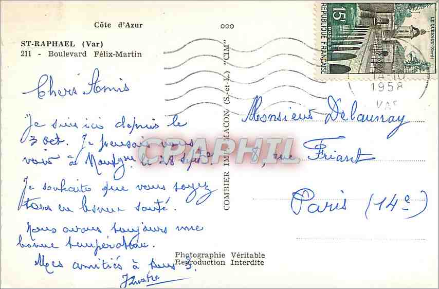 CPM Cote d'Azur St Raphael Var Boulevard Felix Martin  — Back