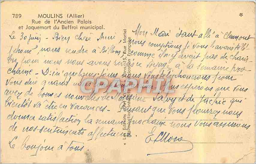 CPA Moulins Allier Rue de l'Ancien Palais et Jaquemart du Beffroi municipal  — Verso