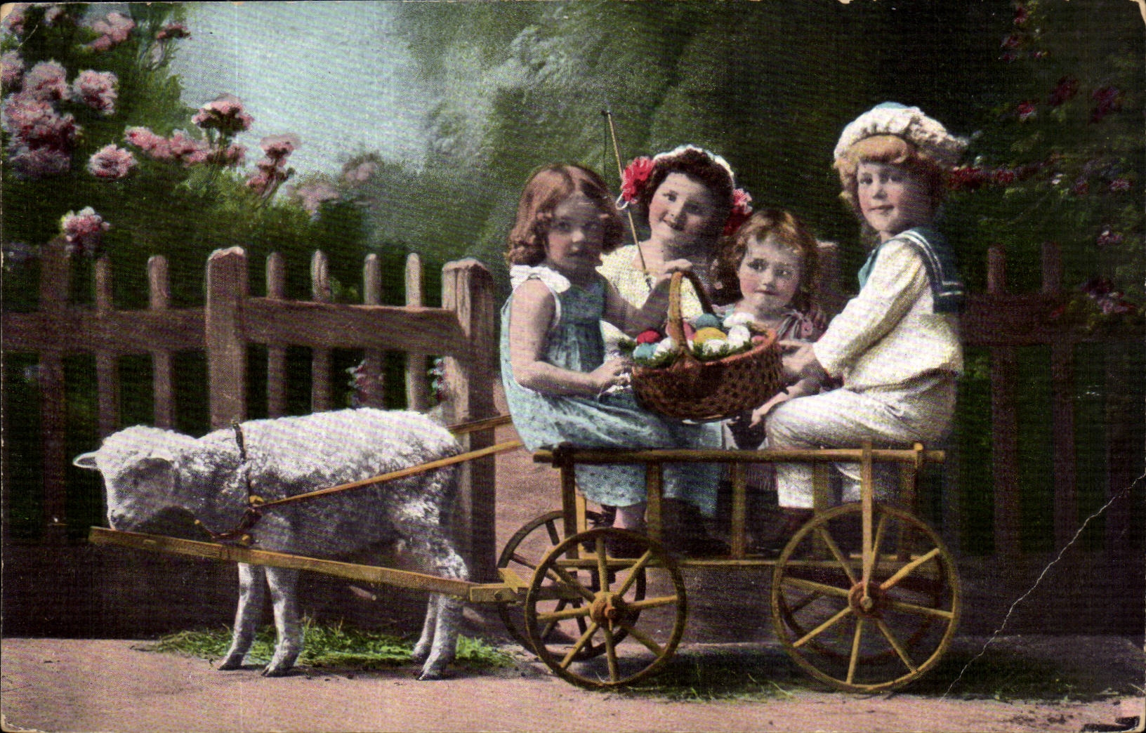 Fantaisie CPA enfants et moutons