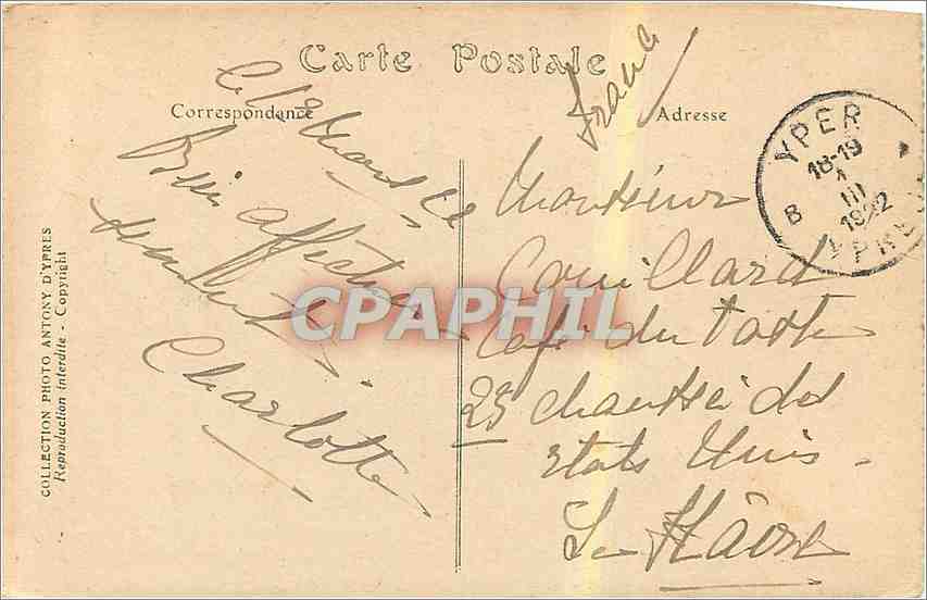 Ypres. Ruinen der Halles 1919. — Foto Antony d'Ypres, Nr. 240419-1 — Rückseite
