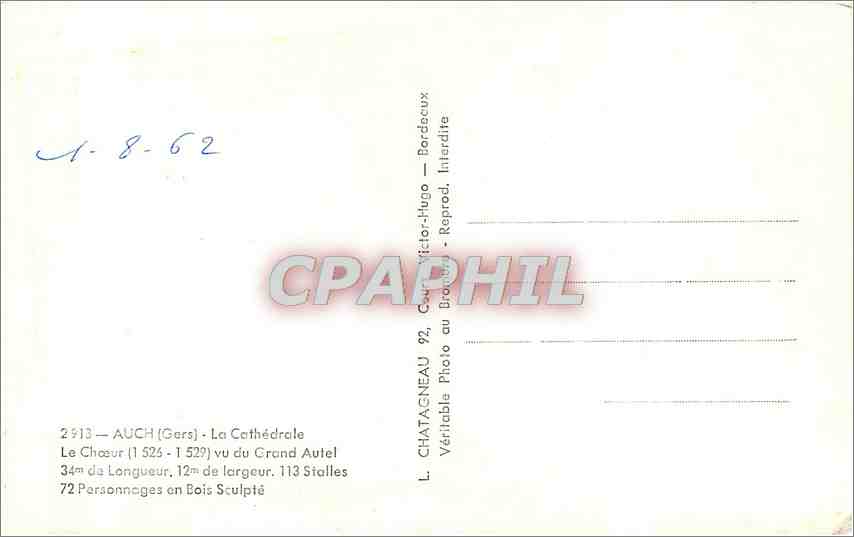 CPM Auch Gers La Cathedrale Le Choeur vu du Grand Autel  — Rückseite