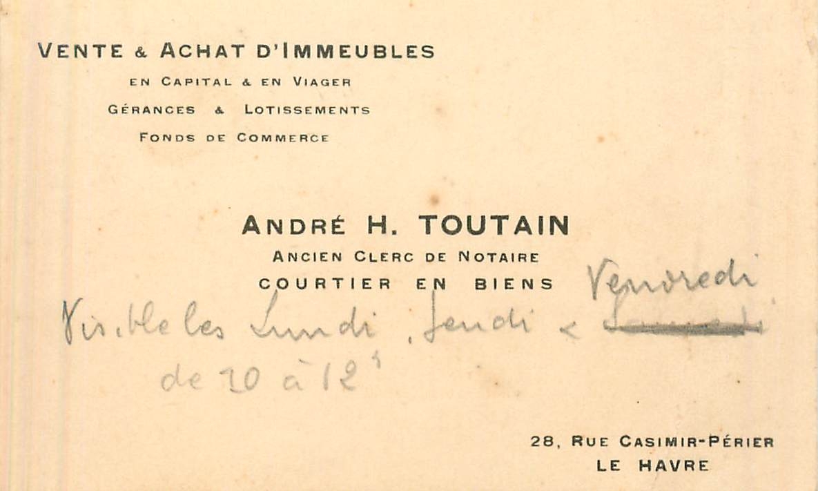 Carte de visite Vente Achat d'Immeubles Gerances Lotissements Fonds de Commerce  Andre toutain Rue C