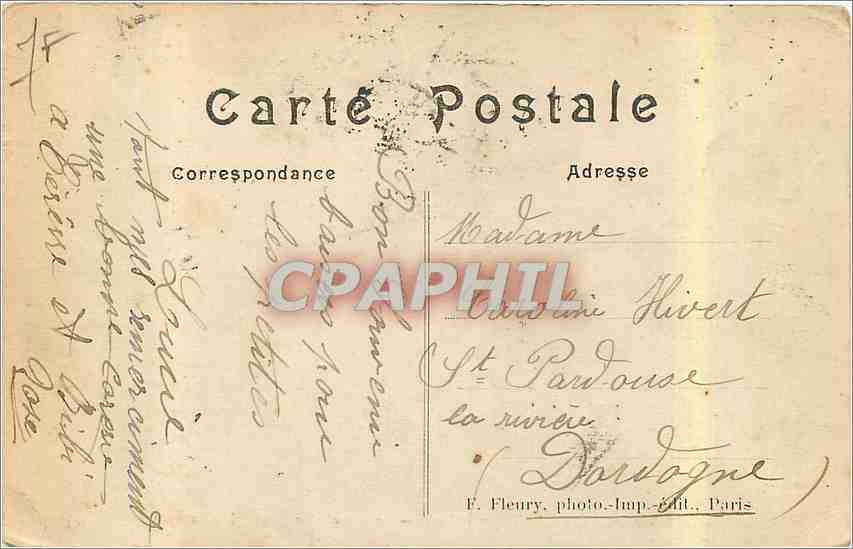 Bois de Boulogne (artistique) — Le chalet des Îles — Les jardins — F. Fleury, photo-imp. édit. Paris — Verso