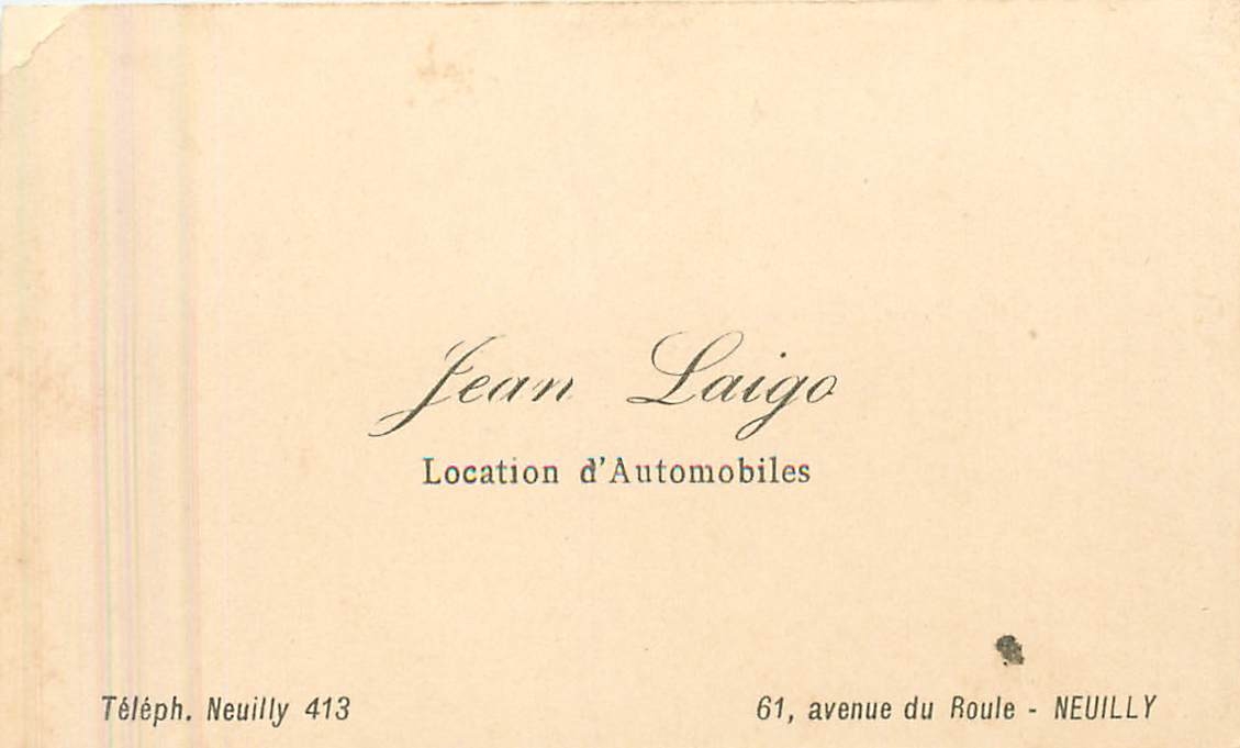 Carte de visite Location d'Automobiles Neuilly  Avenue du Roule Jean Laigo
