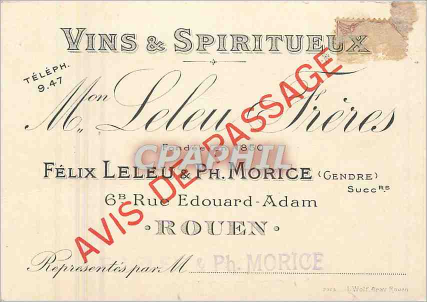 Carte de visite Vins Spiritueux Mon Leleu Freres Rouen 