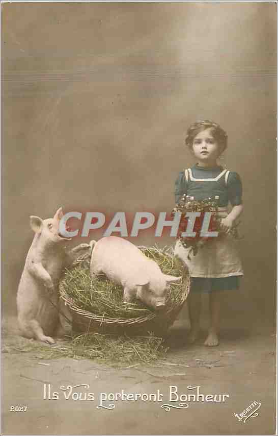 CPA Ile vous porteront Bonheur Enfant Cochon Porc