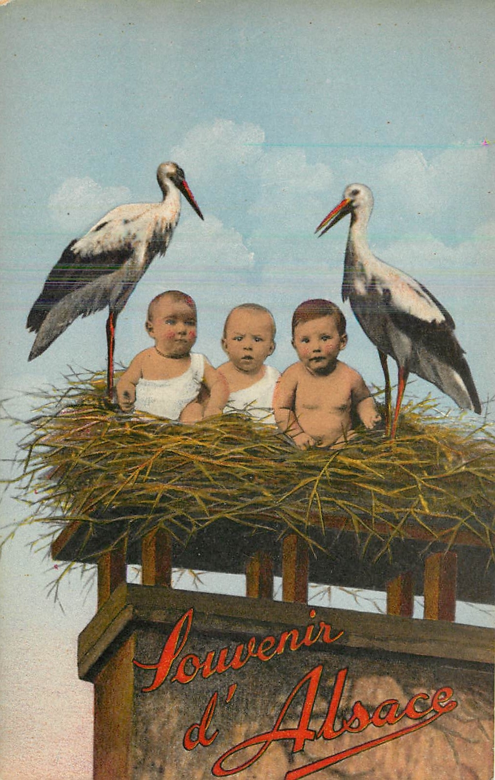 CPA Souvenir d'Alsace Enfants Cigogne