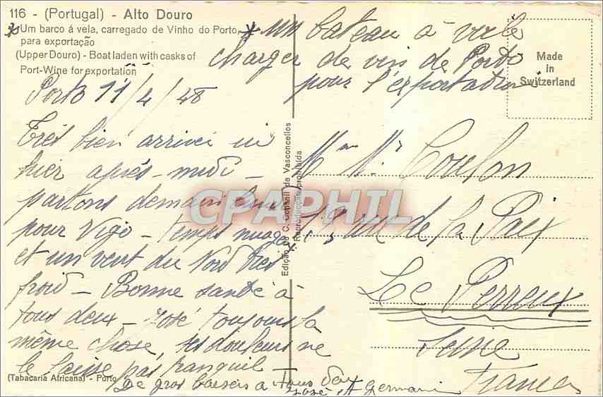 CPA Portugal Alto Douro Bateau — Rückseite