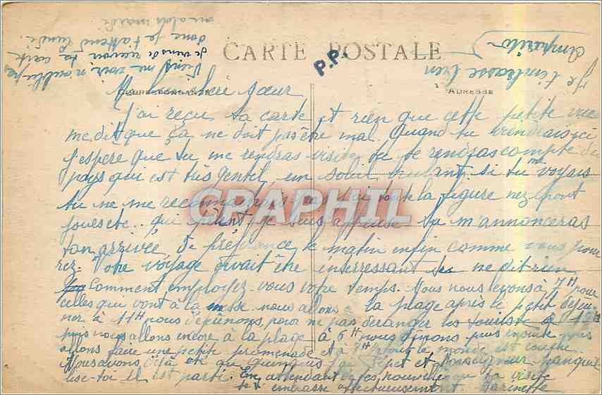 Trégastel (C.-du-N.) — Blick auf die Hotels und Villen am Strand vom Petit Gouffre — Ausgabe des Hotels Beau-Séjour, Trégastel — Rückseite