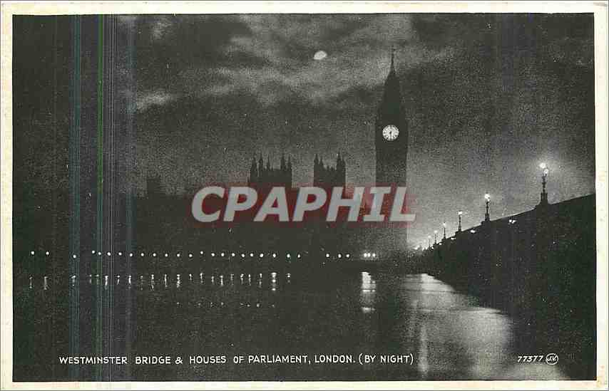 Westminster Bridge & Houses of Parliament, London — (by Night) — Valentine's Postcard n°77377