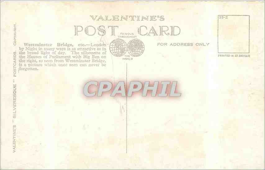 Westminster Bridge & Houses of Parliament, London — (by Night) — Valentine's Postcard n°77377 — Verso